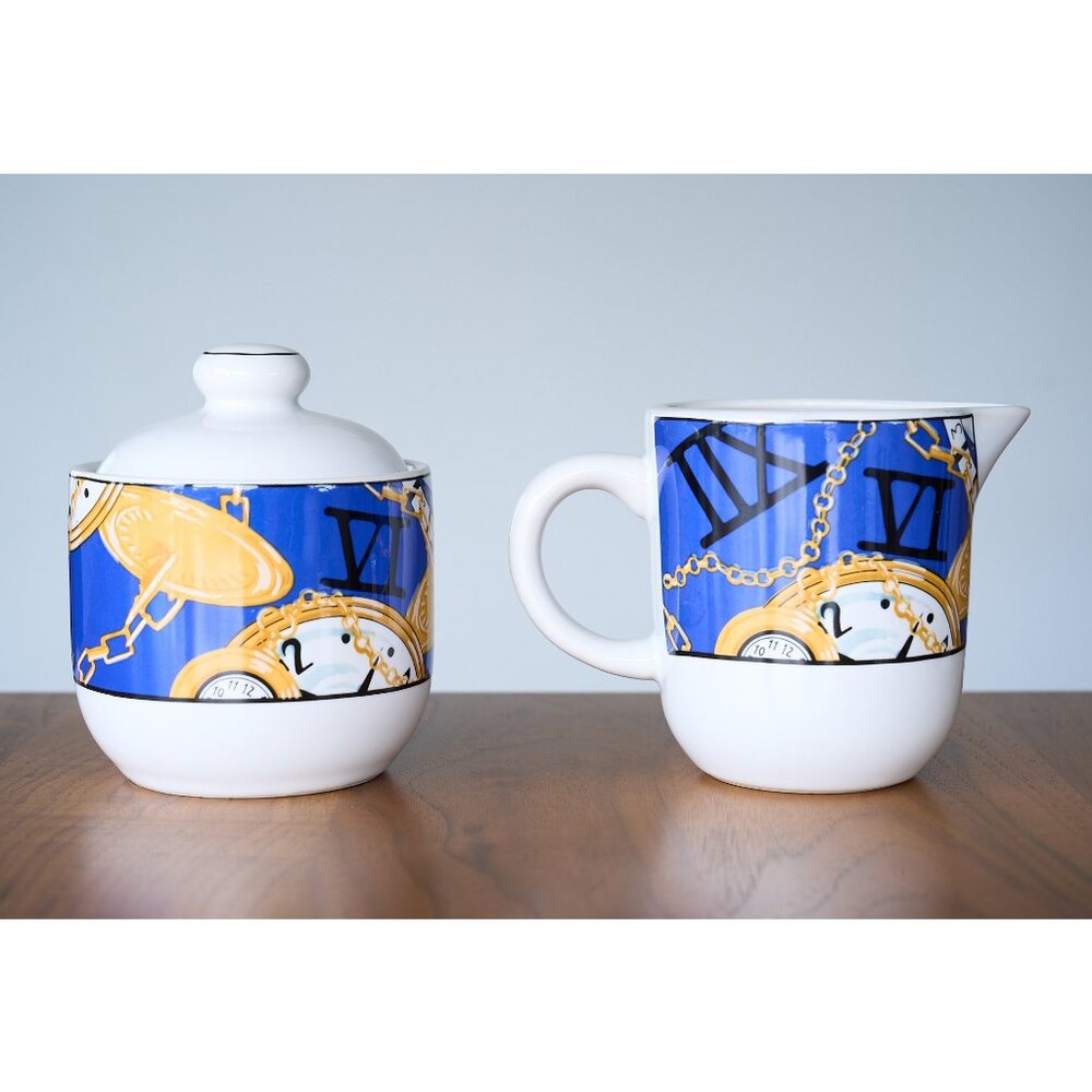 Vintage 1993 Vitromaster TIME PIECE Sugar Creamer Set 3 Pc Celestial Clock Blue